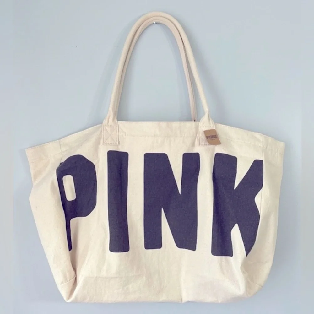 NWT PINK Victoria’s Secret Large Canvas Tote Duffel Bag Cream w/Black print. - Picture 7 of 11
